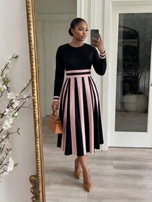SHEIN Lady CURVE Gaun Elegan Bergaris Patchwork Lengan Panjang Leher Bulat untuk Wanita Ukuran Plus - MultiWarna - View 4