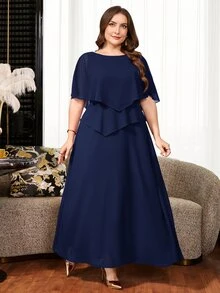 Reflora Plus Size Elegant Solid Color Party Dress - Navy Blue - View 5