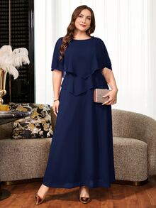 Reflora Plus Size Elegant Solid Color Party Dress - Navy Blue - View 2