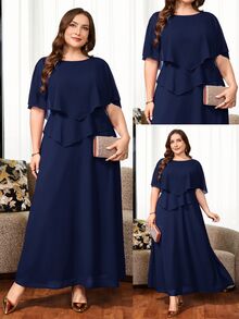 Reflora Plus Size Elegant Solid Color Party Dress - Navy Blue - View 1