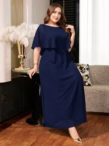 Reflora Plus Size Elegant Solid Color Party Dress - Navy Blue - View 6