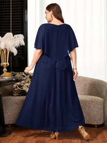 Reflora Plus Size Elegant Solid Color Party Dress - Navy Blue - View 3