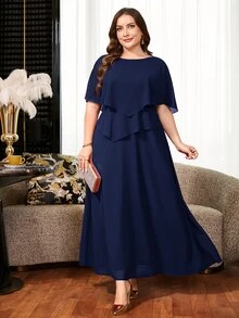 Reflora Plus Size Elegant Solid Color Party Dress - Navy Blue - View 4
