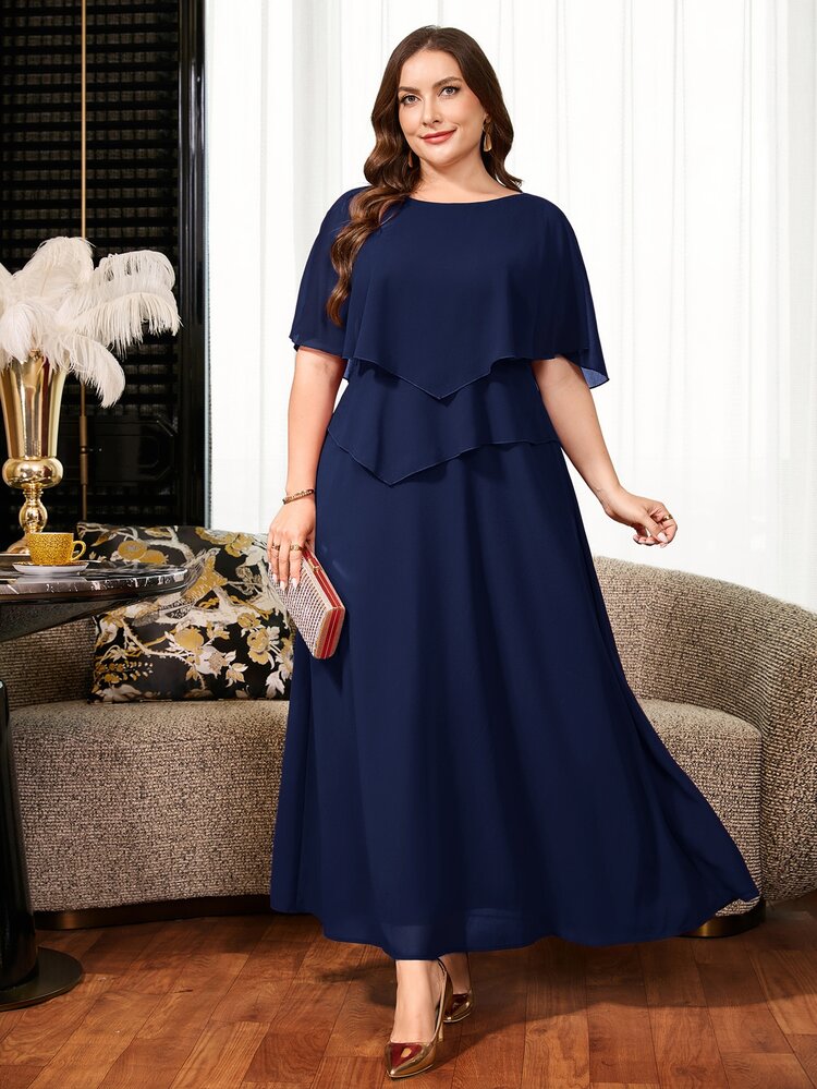 Reflora Vestido de fiesta elegante de unicolor talla grande - Azul Marino - Añade 4