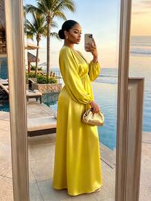 SHEIN Lady CURVE Plus Size Women Solid Color Deep V-Neck Long Sleeve Split Hem Sexy Dress - Yellow - View 2