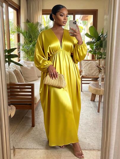 SHEIN Lady CURVE Plus Size Women Solid Color Deep V-Neck Long Sleeve Split Hem Sexy Dress
