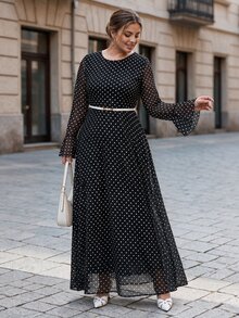 Chikora Plus Size Elegant Commuter Polka Dot Print Dress Fall - Black and White - View 4