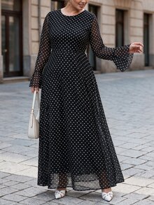 Chikora Plus Size Elegant Commuter Polka Dot Print Dress Fall - Black and White - View 2