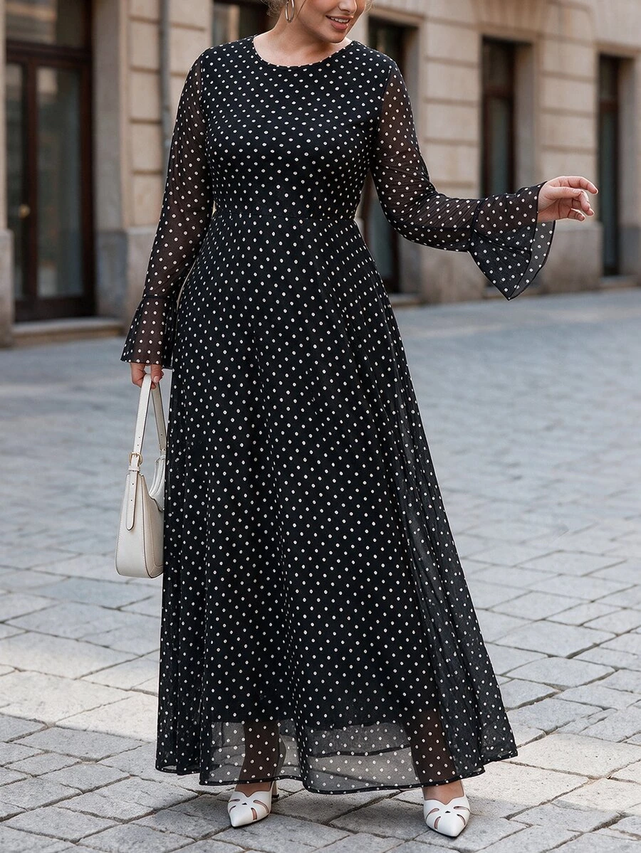 Chikora Plus Size Elegant Commuter Polka Dot Print Dress Fall