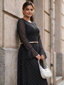 Chikora Plus Size Elegant Commuter Polka Dot Print Dress Fall - Black and White - View 6