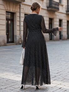 Chikora Plus Size Elegant Commuter Polka Dot Print Dress Fall - Black and White - View 3