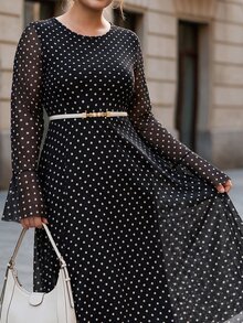 Chikora Plus Size Elegant Commuter Polka Dot Print Dress Fall - Black and White - View 5