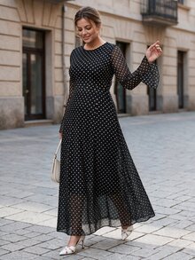 Chikora Plus Size Elegant Commuter Polka Dot Print Dress Fall - Black and White - View 7