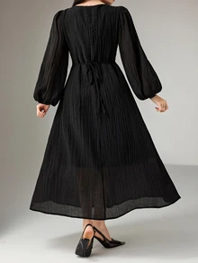Modelyn Plus Size Women's Solid Color Lantern Sleeve Pleated Elegant Dress - Black - View 2