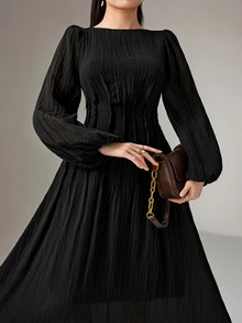 Modelyn Plus Size Women's Solid Color Lantern Sleeve Pleated Elegant Dress - Black - View 7