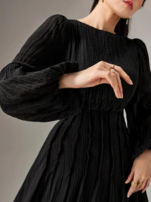 Modelyn Plus Size Women's Solid Color Lantern Sleeve Pleated Elegant Dress - Black - View 5