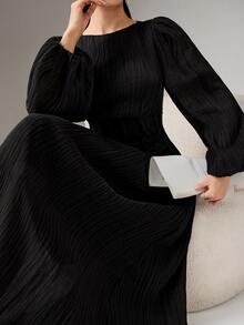 Modelyn Plus Size Women's Solid Color Lantern Sleeve Pleated Elegant Dress - Black - View 6