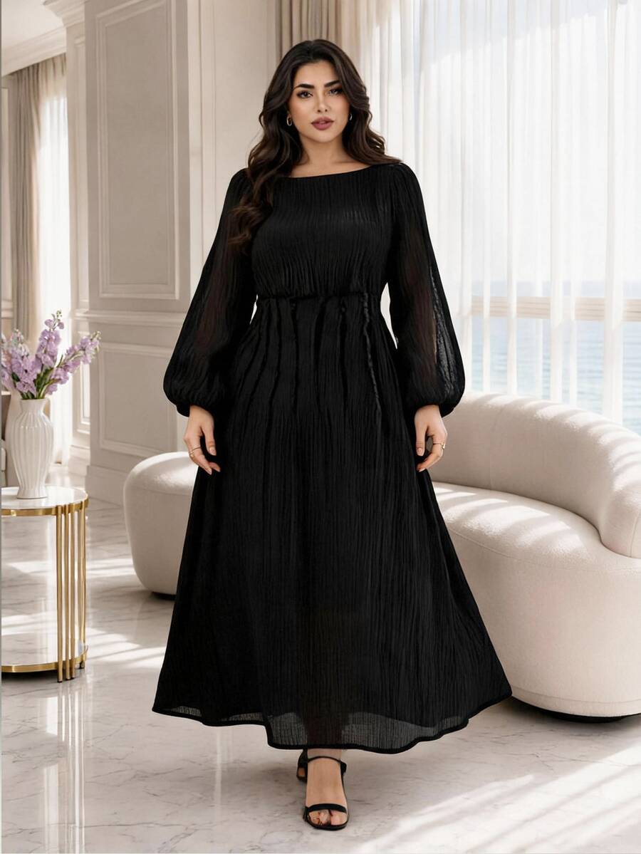 Modelyn Plus Size Women's Solid Color Lantern Sleeve Pleated Elegant Dress - Black - View 1
