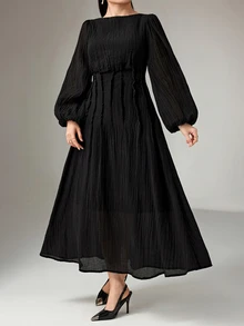Modelyn Plus Size Women's Solid Color Lantern Sleeve Pleated Elegant Dress - Black - View 3