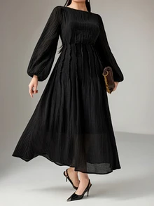 Modelyn Plus Size Women's Solid Color Lantern Sleeve Pleated Elegant Dress - Black - View 4