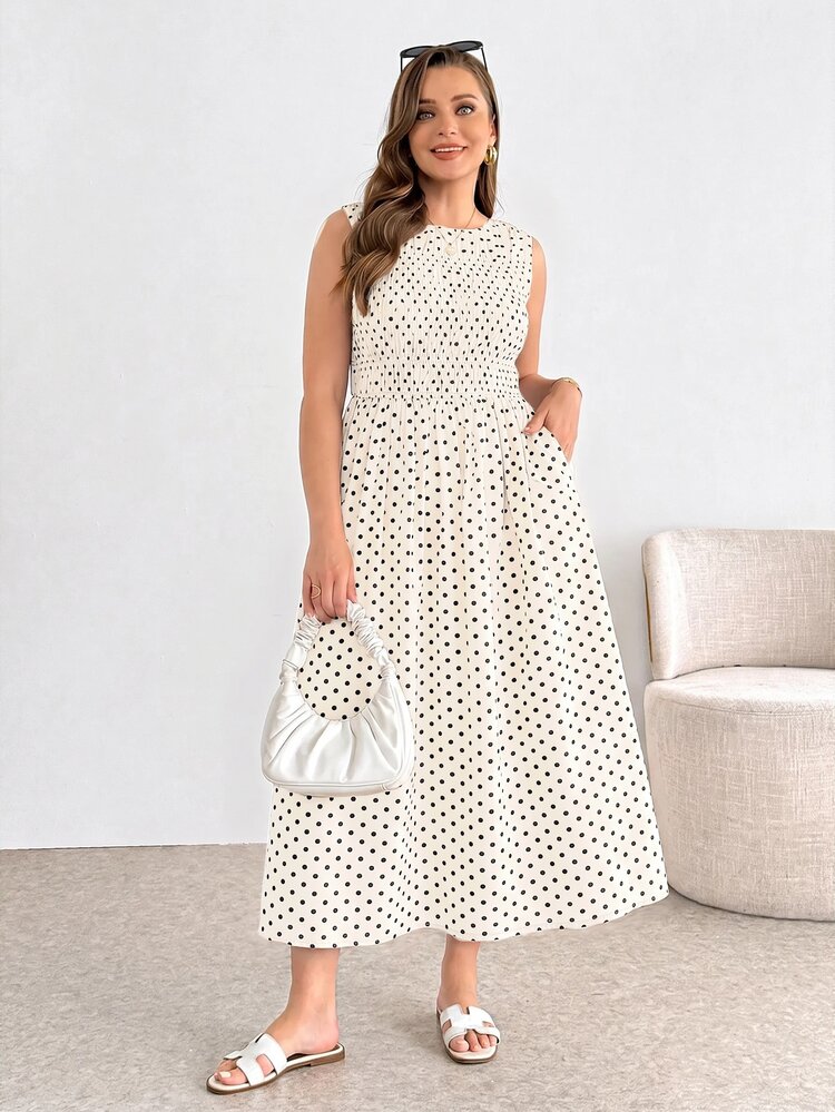 SHEIN Essnce Plus Size Women's Spring/Summer Fashion Casual Elegant Comfortable Daily All-Match Versatile Slimming Brown Polka Dot Cinched Waist Mid-Length Dress With Pockets, Vintage Polka Dot Dress, Lunch Dress, Outing Outfit - Apricot - View 5