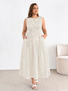 SHEIN Essnce 大尺碼女款春夏時尚休閒優雅舒適日常百搭修身棕色波點收腰中長洋裝，附口袋，復古波點洋裝，午餐洋裝，外出穿搭 - 杏色 - 查看 3