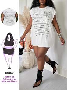 SHEIN CURVE+ Plus Size Fall Casual A Line Cargo Anti Social Sexy Chain Print Dress Formal Party Homewear Going Out Vacation All White - Multicolor - View 1