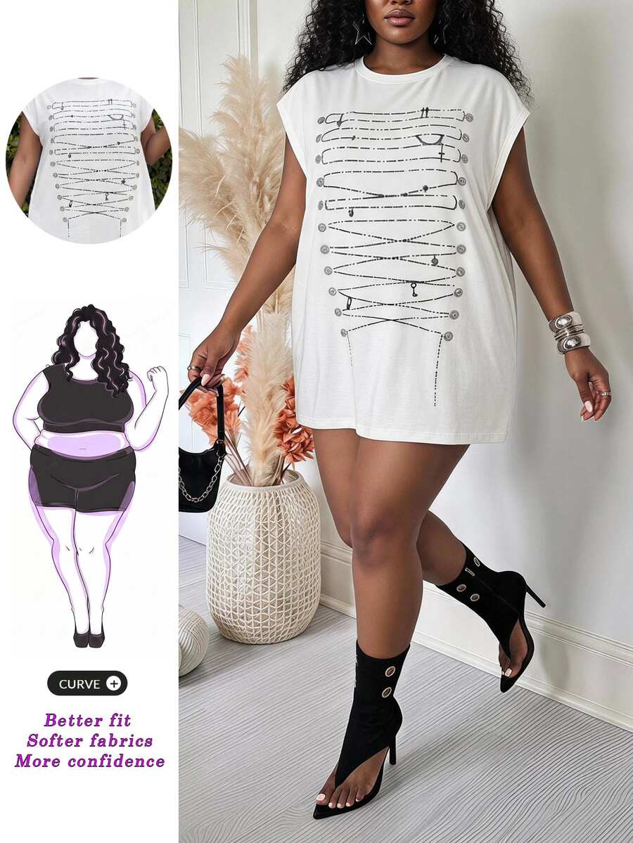 SHEIN CURVE+ Plus Size Fall Casual A Line Cargo Anti Social Sexy Chain Print Dress Formal Party Homewear Going Out Vacation All White - Multicolor - View 1