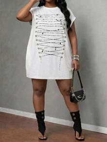 SHEIN CURVE+ Plus Size Fall Casual A Line Cargo Anti Social Sexy Chain Print Dress Formal Party Homewear Going Out Vacation All White - Multicolor - View 3