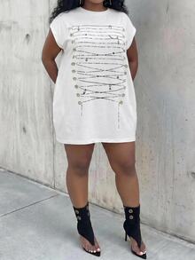 SHEIN CURVE+ Plus Size Fall Casual A Line Cargo Anti Social Sexy Chain Print Dress Formal Party Homewear Going Out Vacation All White - Multicolor - View 4