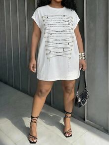 SHEIN CURVE+ Plus Size Fall Casual A Line Cargo Anti Social Sexy Chain Print Dress Formal Party Homewear Going Out Vacation All White - Multicolor - View 7