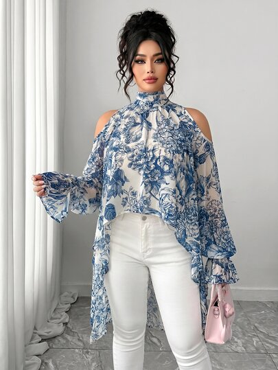 Elenzga Plus Size Halloween Blue & White Porcelain Vintage Crochet Dual-Color Print Cold Shoulder Blouse, High Neck Flare Long Sleeve Asymmetrical Hem French Retro Long Shirt