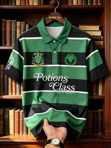 Manfinity HARRY POTTER X SHEIN قميص بولو رجالي كاجوال يومي بطباعة حروف وألوان متباينة - متعدد الألوان - مشاهدة 5