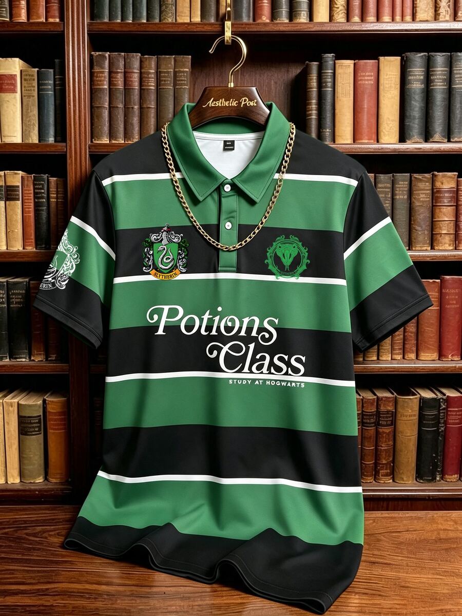 Manfinity HARRY POTTER X SHEIN قميص بولو رجالي كاجوال يومي بطباعة حروف وألوان متباينة - متعدد الألوان - مشاهدة 1