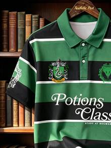 Manfinity HARRY POTTER X SHEIN قميص بولو رجالي كاجوال يومي بطباعة حروف وألوان متباينة - متعدد الألوان - مشاهدة 3