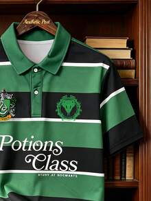 Manfinity HARRY POTTER X SHEIN قميص بولو رجالي كاجوال يومي بطباعة حروف وألوان متباينة - متعدد الألوان - مشاهدة 4