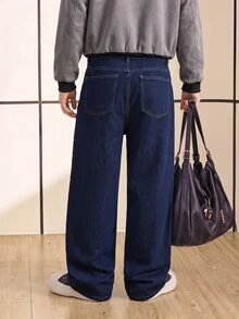 Chillumni Celana Jeans Denim Pria Polos Pinggang Tinggi Kasual Longgar Model Baggy Jeans dengan Desain - Biru - View 2