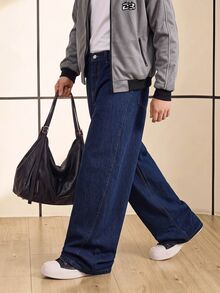 Chillumni Celana Jeans Denim Pria Polos Pinggang Tinggi Kasual Longgar Model Baggy Jeans dengan Desain - Biru - View 3