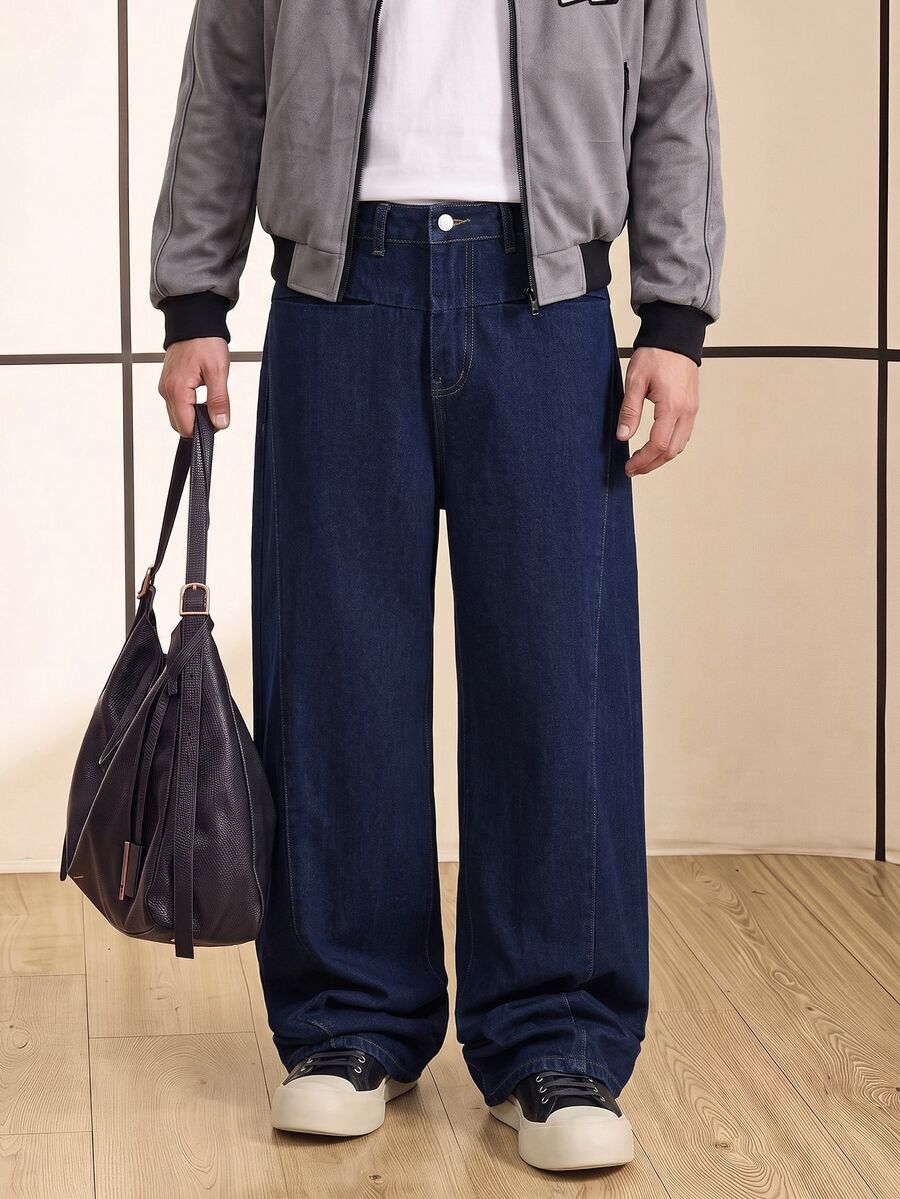 Chillumni Celana Jeans Denim Pria Polos Pinggang Tinggi Kasual Longgar Model Baggy Jeans dengan Desain - Biru - View 1