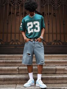 Manfinity EMRG Men's Young Street Style Light Blue Distressed Denim Shorts - Black - View 3