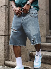Manfinity EMRG Men's Young Street Style Light Blue Distressed Denim Shorts - Black - View 8