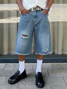 Manfinity EMRG Men's Young Street Style Light Blue Distressed Denim Shorts - Black - View 6