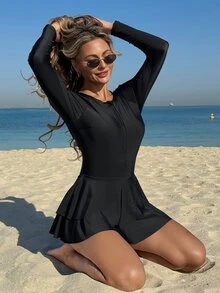 Swim SPRTY Europe&US Style Ruffle Black One-Piece Rash Guard Swimsuit,Long Sleeve Zip Up Tight Fit Athleisure Swimwear For Women,UV Protection Beach Vacation - Black - View 5