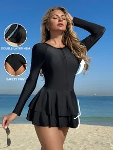Swim SPRTY Europe&US Style Ruffle Black One-Piece Rash Guard Swimsuit,Long Sleeve Zip Up Tight Fit Athleisure Swimwear For Women,UV Protection Beach Vacation - Black - View 1
