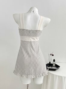 Elamini Women's Dress Polka Dot Patchwork Tie Bow Sweet Y2K - White - View 2