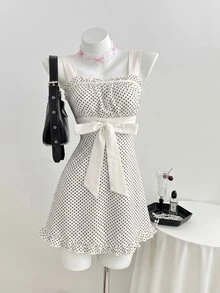 Elamini Women's Dress Polka Dot Patchwork Tie Bow Sweet Y2K - White - View 3