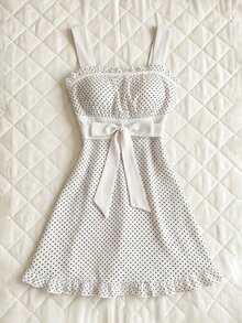 Elamini Women's Dress Polka Dot Patchwork Tie Bow Sweet Y2K - White - View 8
