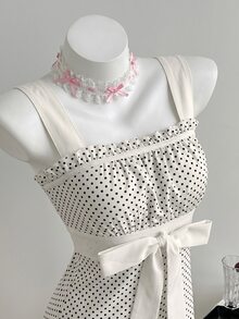 Elamini Women's Dress Polka Dot Patchwork Tie Bow Sweet Y2K - White - View 4