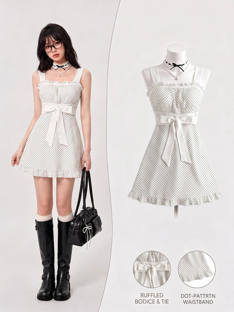 Elamini Women's Dress Polka Dot Patchwork Tie Bow Sweet Y2K - White - View 1