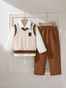Souflis 男孩 4-7歲 3件式復古紳士套裝，針織粉色提花背心、燈芯絨長褲與白色襯衫，適合返校季、戒童婚禮秋季穿著 - 棕色 - 查看 4